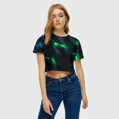 Женская футболка Crop-top 3D Объемная геометрическая  зеленая неоновая абстракция на черном, цвет 3D печать - фото 4