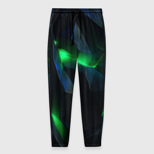 Мужские брюки 3D Объемная геометрическая  зеленая неоновая абстракция на черном, цвет 3D печать