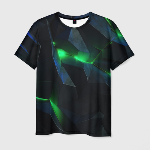 Мужская футболка 3D Объемная геометрическая  зеленая неоновая абстракция на черном, цвет 3D печать