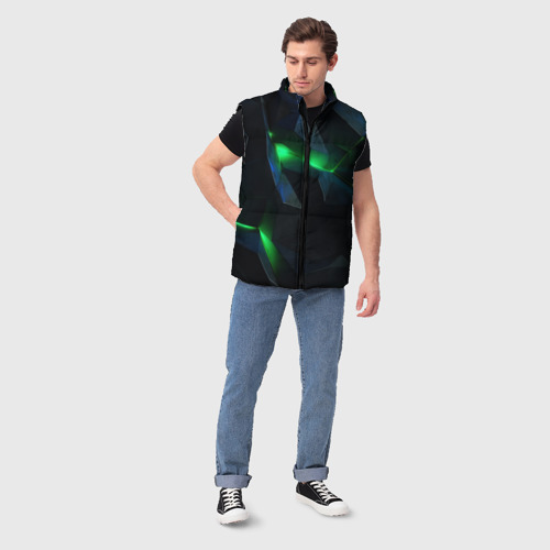 Мужской жилет утепленный 3D Объемная геометрическая  зеленая неоновая абстракция на черном, цвет черный - фото 5