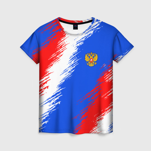 Женская футболка 3D с принтом Триколор штрихи с гербор РФ, вид спереди #2