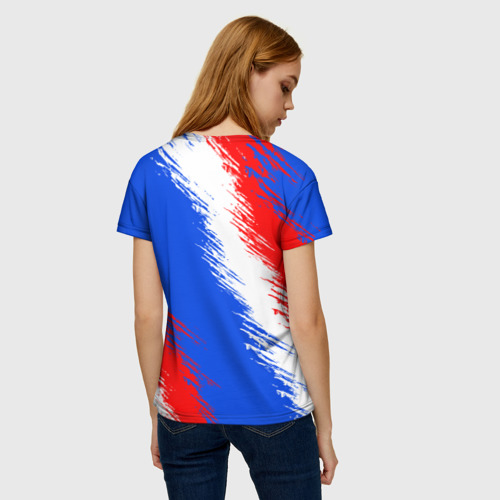 Женская футболка 3D с принтом Триколор штрихи с гербор РФ, вид сзади #2