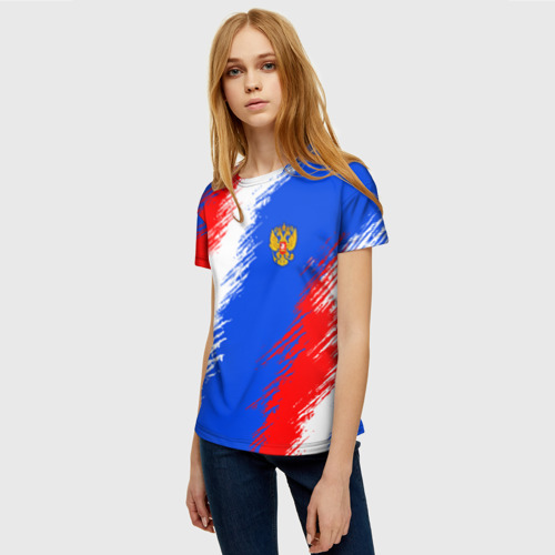 Женская футболка 3D с принтом Триколор штрихи с гербор РФ, фото на моделе #1