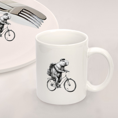 Набор: тарелка + кружка Капибара на велосипеде в черном цвете - фото 2