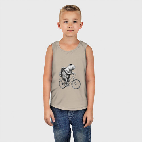 Детская майка хлопок Капибара на велосипеде в черном цвете, цвет миндальный - фото 5