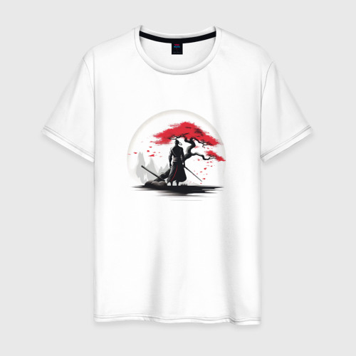 Мужская футболка из хлопка с принтом Самурай с деревом, вид спереди №1