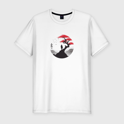 Мужская футболка хлопок Slim Самурай и дерево на склоне, цвет белый
