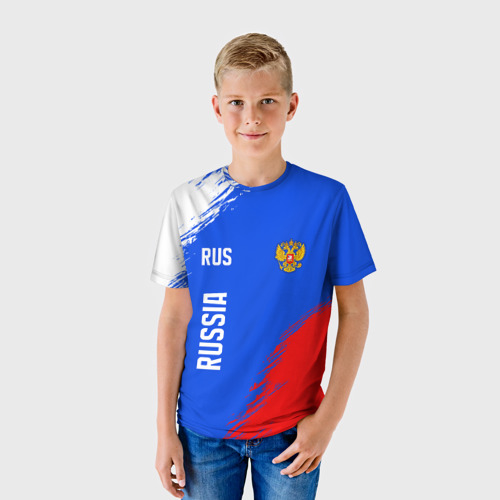 Детская футболка 3D с принтом Триколор и герб России, фото на моделе #1