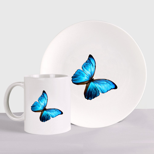 Набор: тарелка + кружка с принтом Голубая тропическая бабочка, вид спереди №1