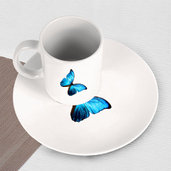Набор: тарелка кружка с принтом Голубая тропическая бабочка для любого человека, вид спереди №3. Цвет основы: белый
