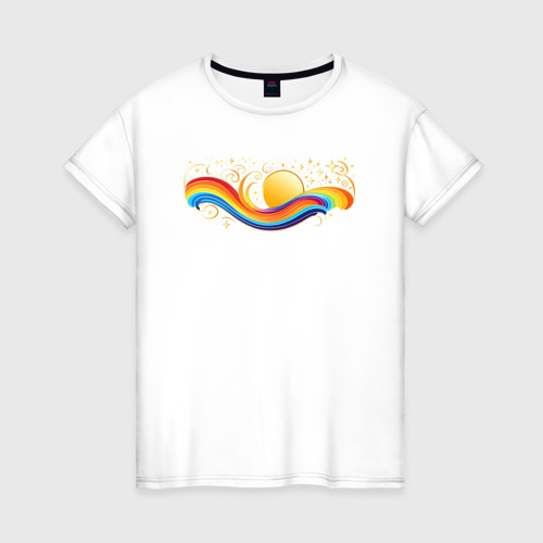 Женская футболка из хлопка с принтом Радуга с солнцем и звездами, вид спереди №1