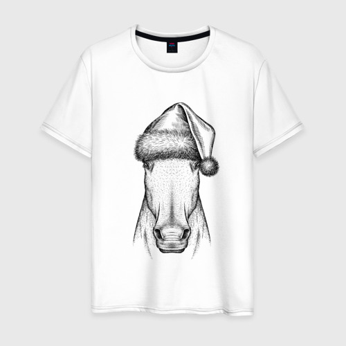 Мужская футболка из хлопка с принтом Новогодняя лошадь, вид спереди №1