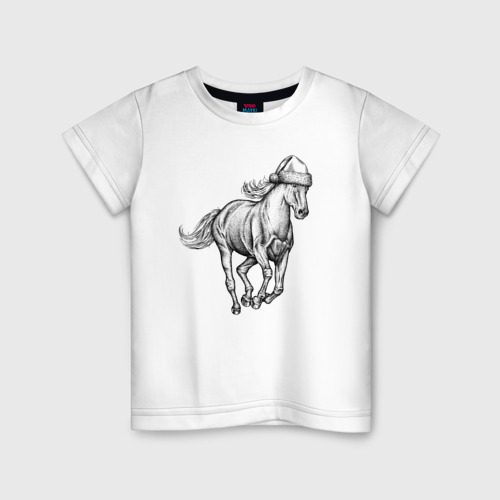 Детская футболка хлопок Лошадь в новогоднем колпаке, цвет белый