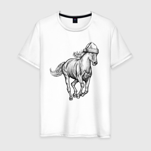 Мужская футболка из хлопка с принтом Лошадь в новогоднем колпаке, вид спереди №1