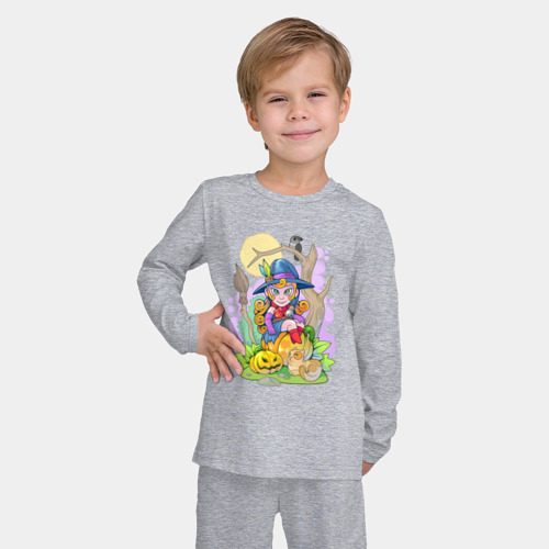 Детская пижама с лонгсливом хлопок с принтом Милая ведьма на тыкве, фото на моделе #1