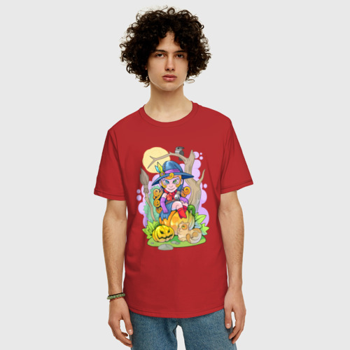 Мужская футболка хлопок Oversize с принтом Милая ведьма на тыкве, фото на моделе #1