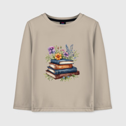 Стопка книг с полевыми цветами – Детский лонгслив хлопок с принтом купить со скидкой в -20%