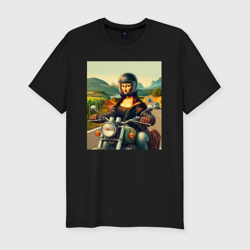 Мужская футболка хлопок Slim Mona Lisa on a motorcycle - ai art, цвет черный