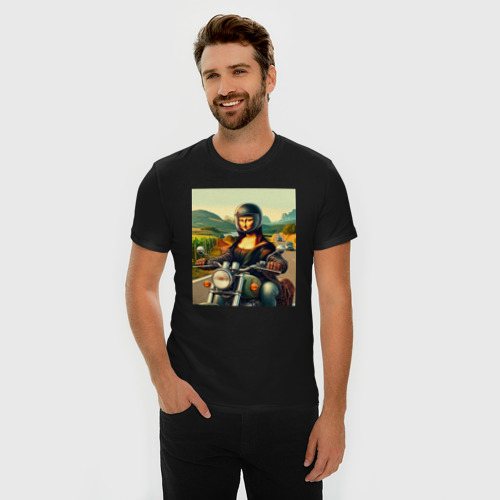 Мужская футболка хлопок Slim Mona Lisa on a motorcycle - ai art, цвет черный - фото 3