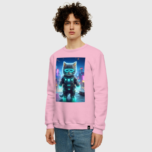 Мужской свитшот хлопок Funny cyber kitten - ai art, цвет светло-розовый - фото 3