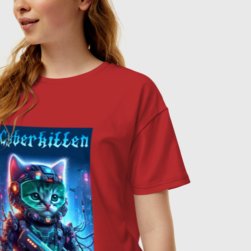 Женская футболка хлопок Oversize Cyberkitten - military ai art, цвет красный - фото 3