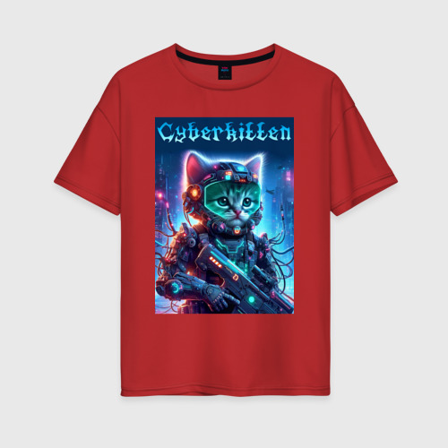 Женская футболка хлопок Oversize Cyberkitten - military ai art, цвет красный