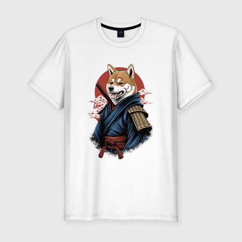 Мужская футболка хлопок Slim Собака Сиба-ину самурай, цвет белый