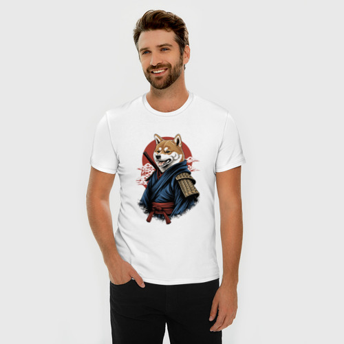 Мужская футболка хлопок Slim Собака Сиба-ину самурай, цвет белый - фото 3