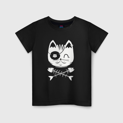 Детская футболка хлопок Кот пират с повязкой на глазу, цвет черный