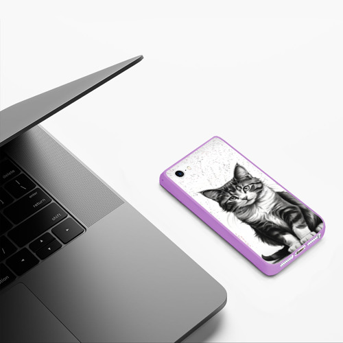 Чехол для iPhone 5/5S матовый Чёрно белый котик, цвет сиреневый - фото 5