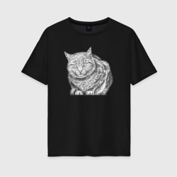 Женская футболка хлопок Oversize Белая кошка сидит