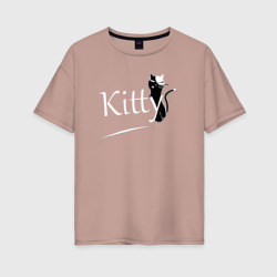 Женская футболка хлопок Oversize Маленькая черная кошка с надписью kitty