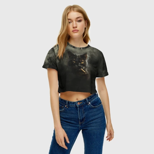 Женская футболка Crop-top 3D Кот - Бегемот