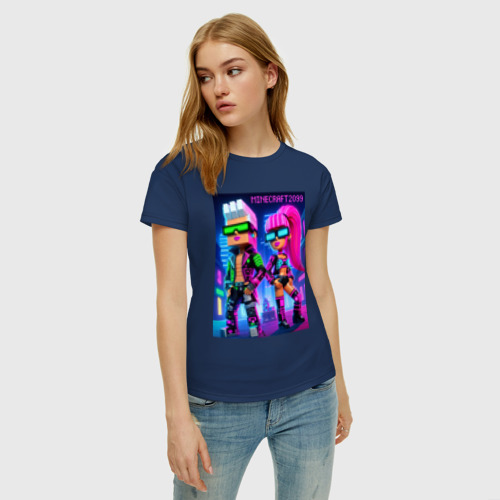 Женская футболка хлопок Barbie and Ken - Minecraft 2099 ai art collaboration, цвет темно-синий - фото 3