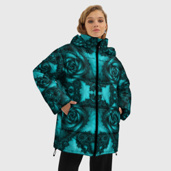 Куртка с принтом Узорные бирюзовые фракталы для женщины, вид на модели спереди №2. Цвет основы: черный