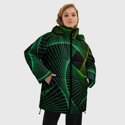 Куртка с принтом Сетка скрученных линий для женщины, вид на модели спереди №2. Цвет основы: черный