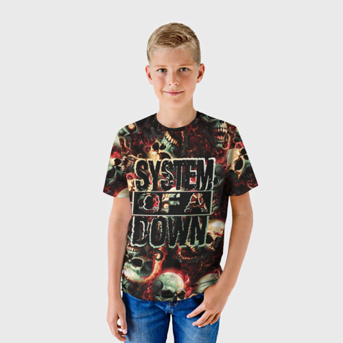 Детская футболка 3D System of a Down на фоне черепов, цвет 3D печать - фото 3