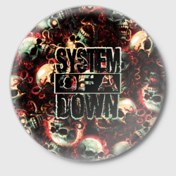 Значок System of a Down на фоне черепов