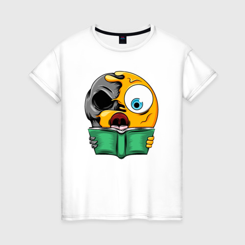 Женская футболка хлопок с принтом Читающий смайлик, вид спереди #2