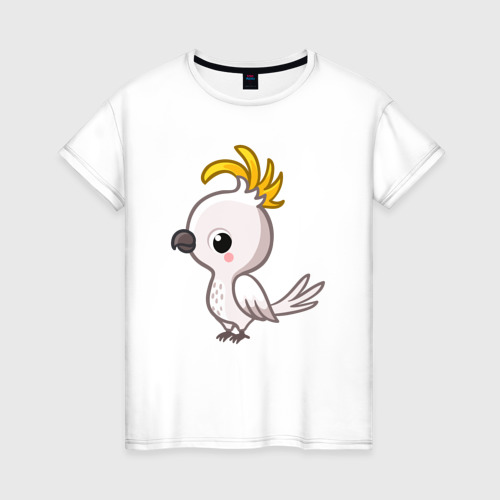 Женская футболка из хлопка с принтом Белый попугайчик, вид спереди №1