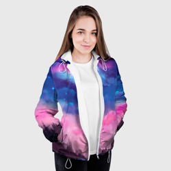 Куртка с принтом Небо сине-розовое на природе для женщины, вид на модели спереди №3. Цвет основы: белый