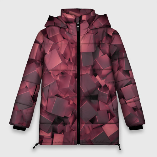 Женская зимняя куртка оверсайз с принтом Кубики металлические красные, вид спереди №1