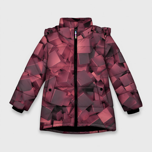 Зимняя куртка для девочек с принтом Кубики металлические красные, вид спереди №1