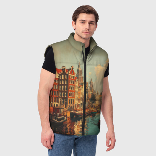 Мужской жилет утепленный 3D Винтажная открытка городского канала, цвет черный - фото 3