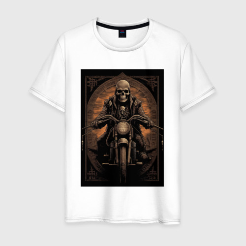 Мужская футболка из хлопка с принтом Старый скелет едет на старом мотоцикле, вид спереди №1