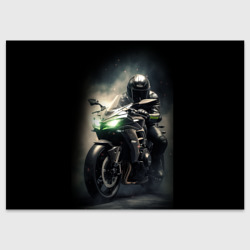 Мотоциклист на спортивном байке с зелеными фарами – Поздравительная открытка с принтом купить