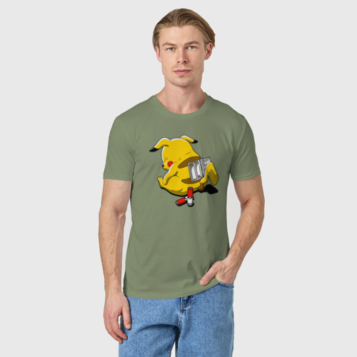 Мужская футболка хлопок Пикачу на батарейках, цвет авокадо - фото 3