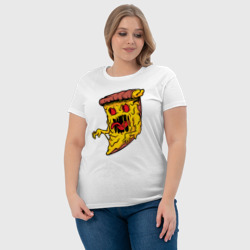 Футболка с принтом Сумасшедшая пицца монстр для женщины, вид на модели спереди №4. Цвет основы: белый