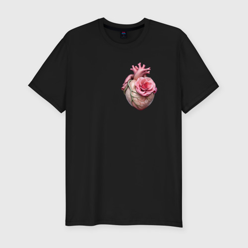 Мужская футболка хлопок Slim Настоящее сердце и роза цветка, цвет черный