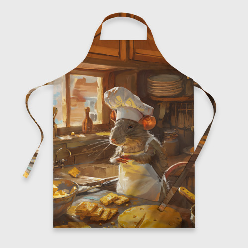 Фартук с принтом Крыса повар готовит на кухне, вид спереди №1